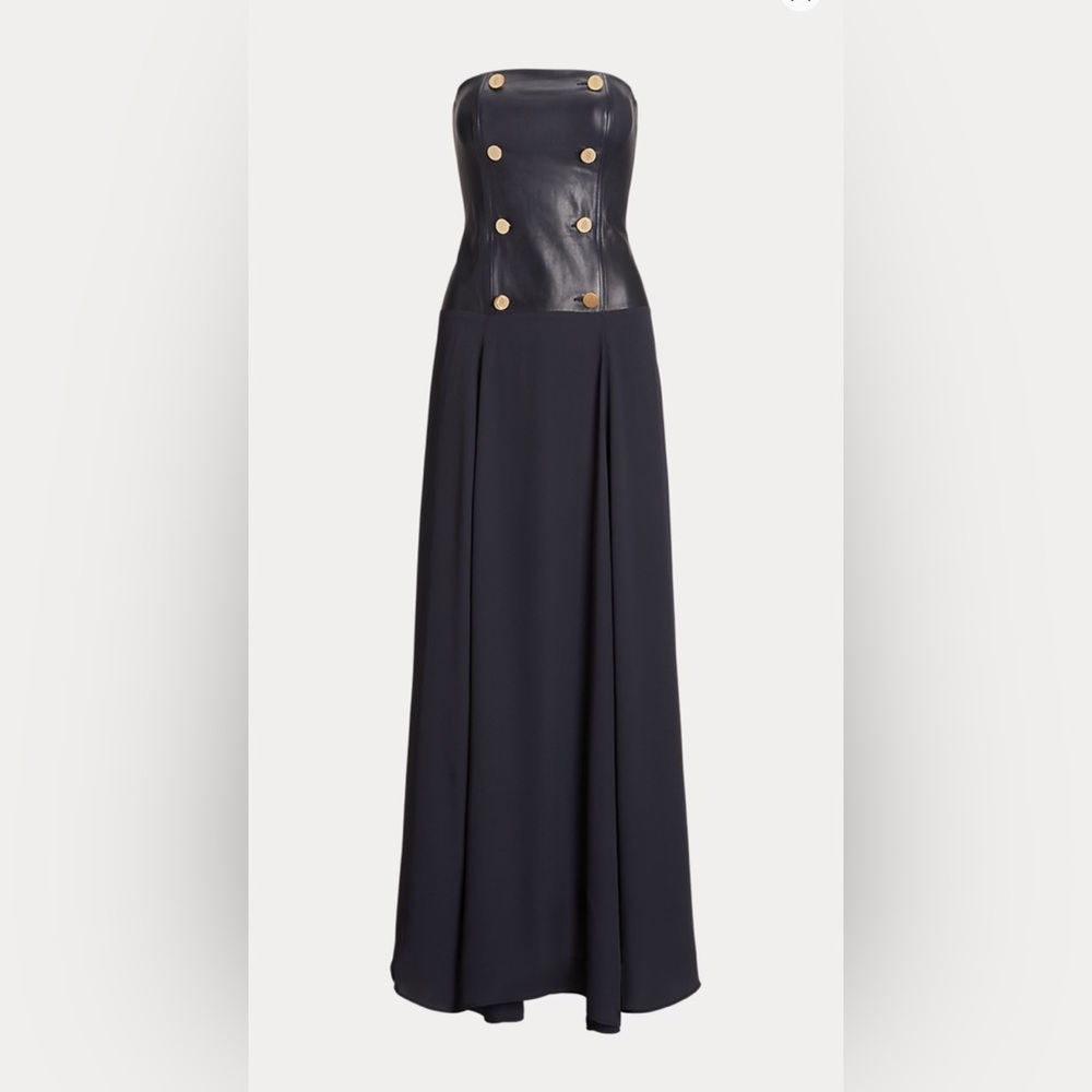 Ralph Lauren Leather-Georgette Strapless Gown. Genuine leather (top part).